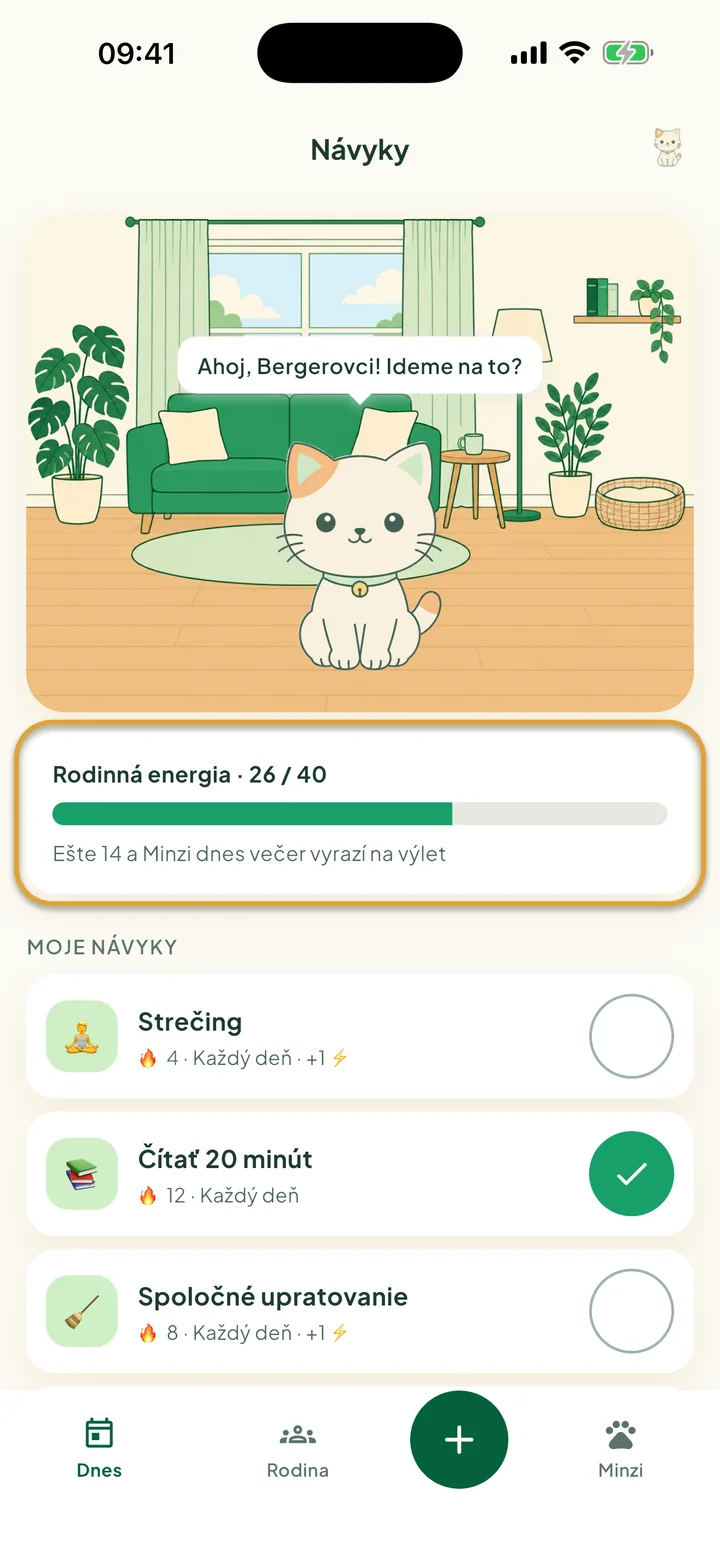 Obrazovka Návyky s Minzi v jej izbe. Zakrúžkovaný je ukazovateľ Rodinná energia.
