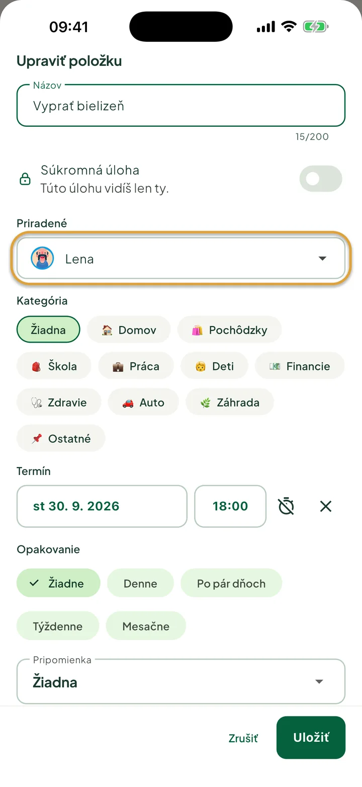 Panel úpravy položky pre úlohu. Zakrúžkované je pole Priradené s menom Lena.