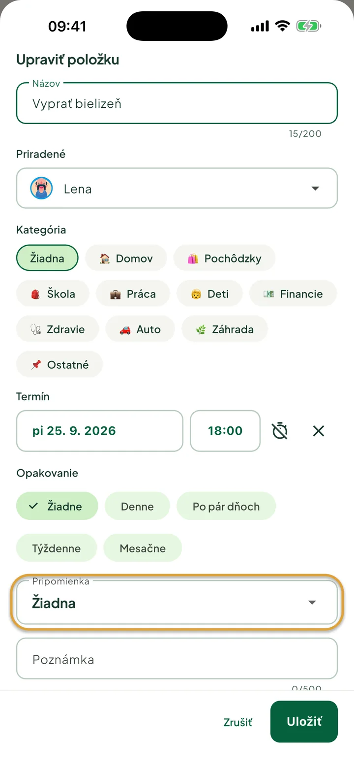 Panel úpravy položky pre úlohu s termínom a časom. Zakrúžkované je pole Pripomienka.
