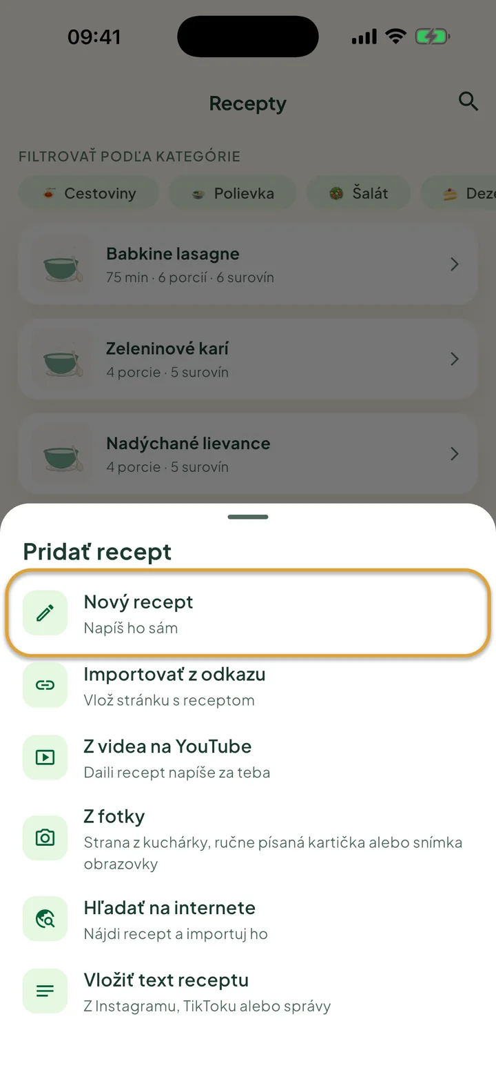 Obrazovka Recepty s otvorenou ponukou +. Zakrúžkovaný je Nový recept.