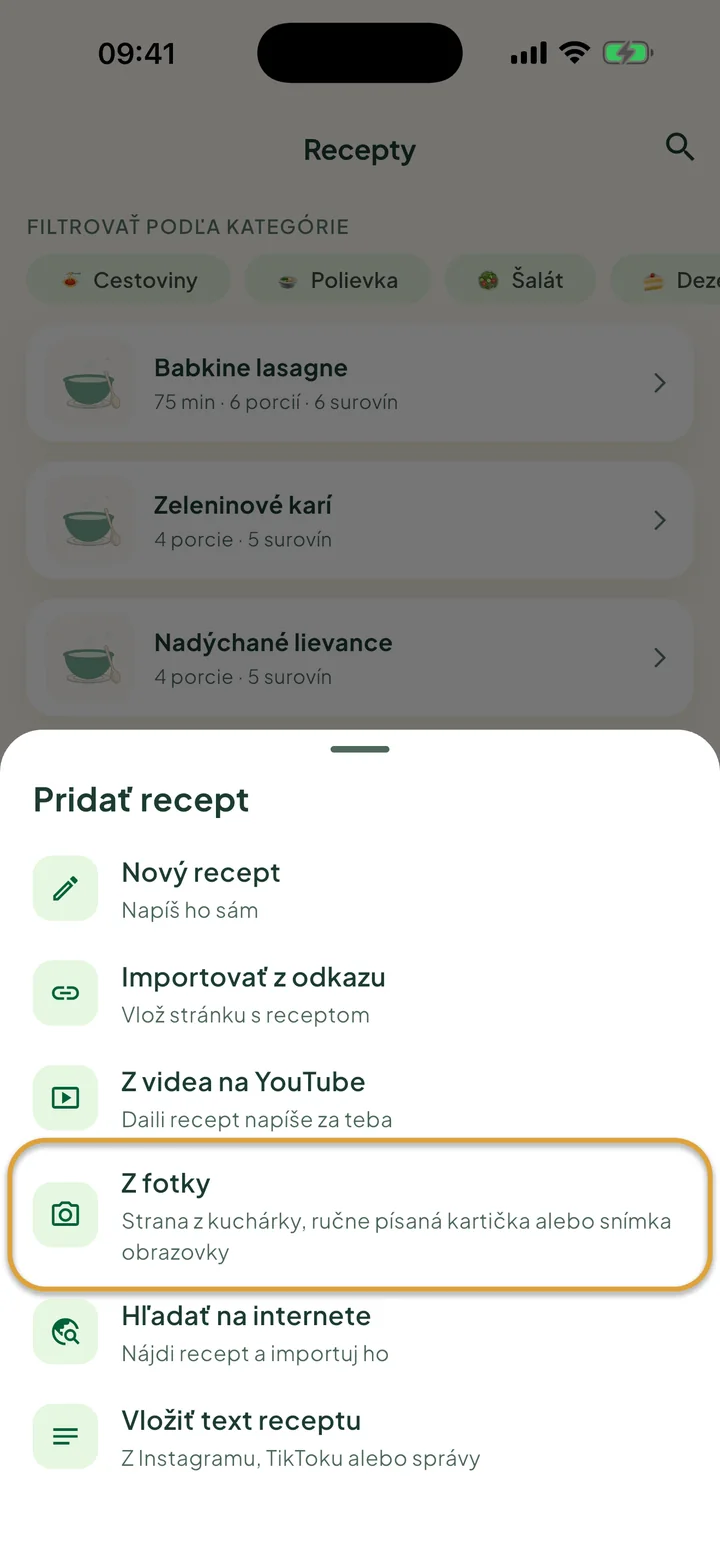 Obrazovka Recepty s otvorenou ponukou +. Zakrúžkované je Z fotky.