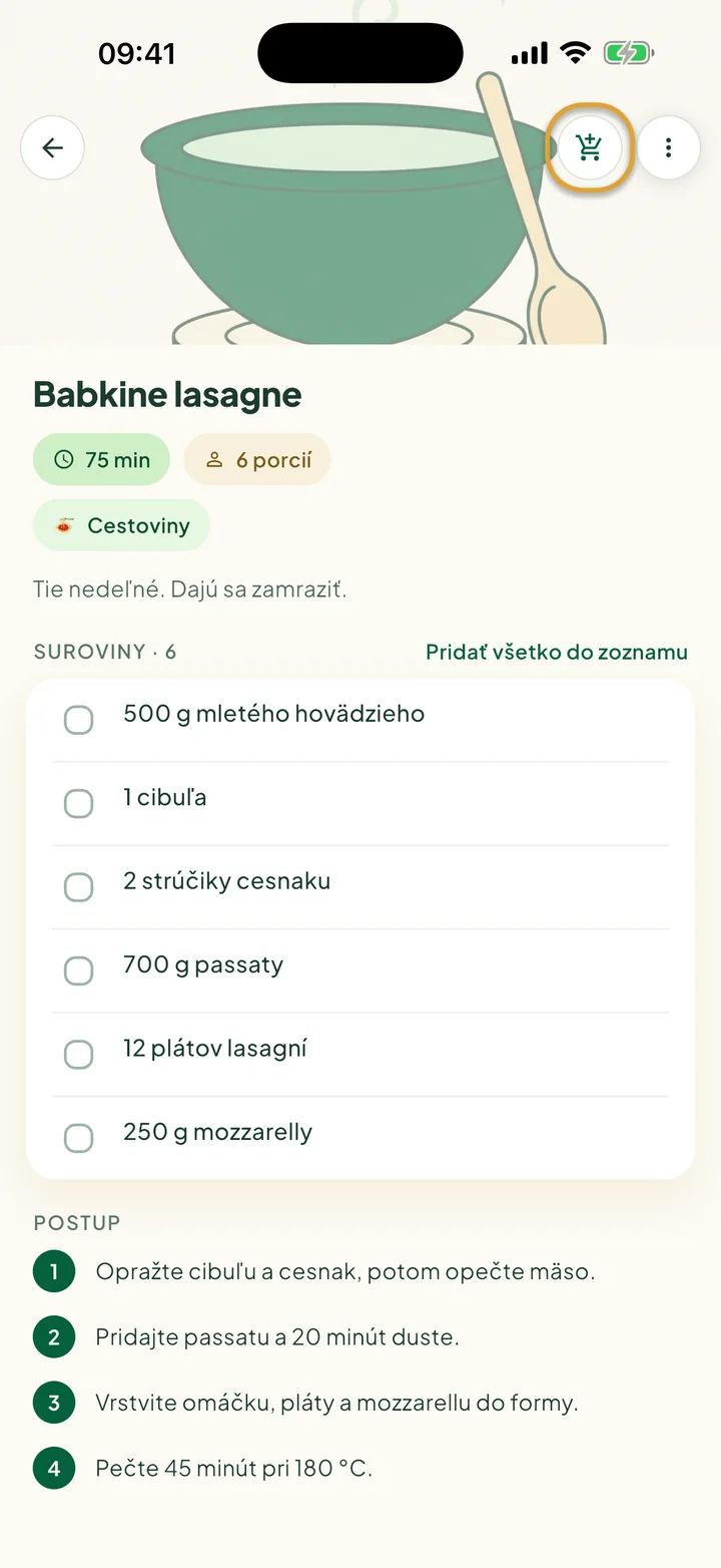 Recept so surovinami. Zakrúžkované je tlačidlo nákupného košíka hore.