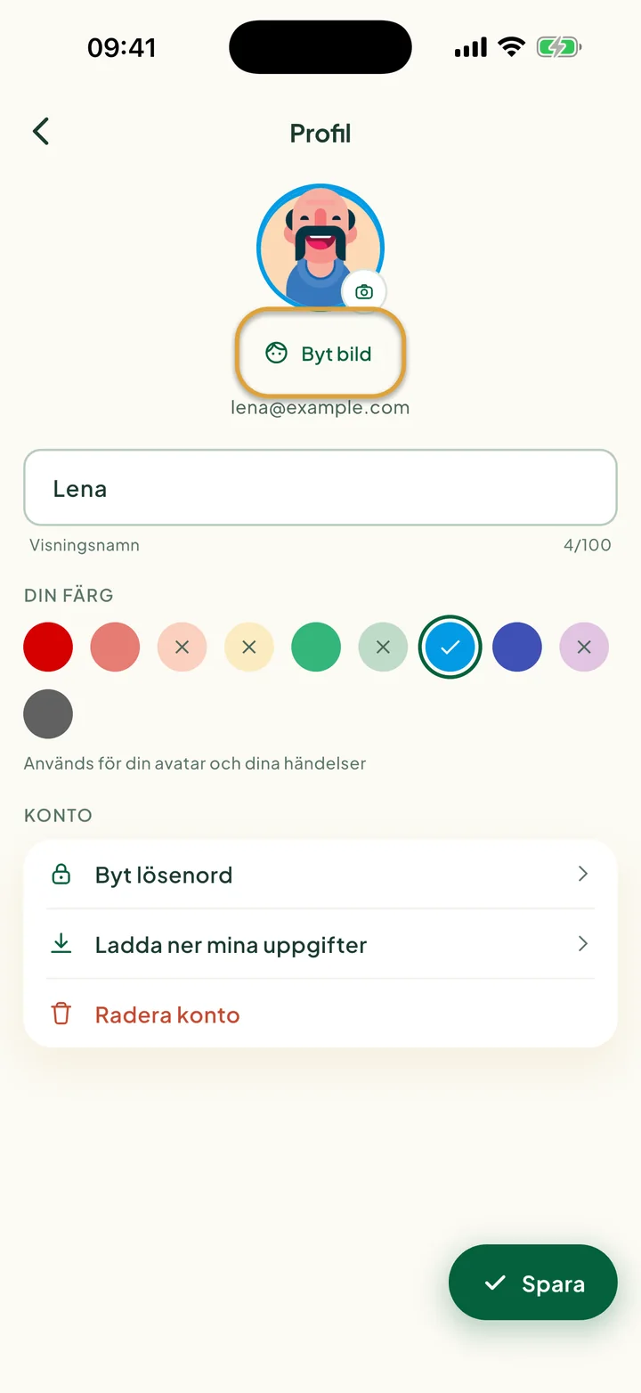 Profilskärmen med namnet, färgerna och kontoraderna. Byt bild är inringat.