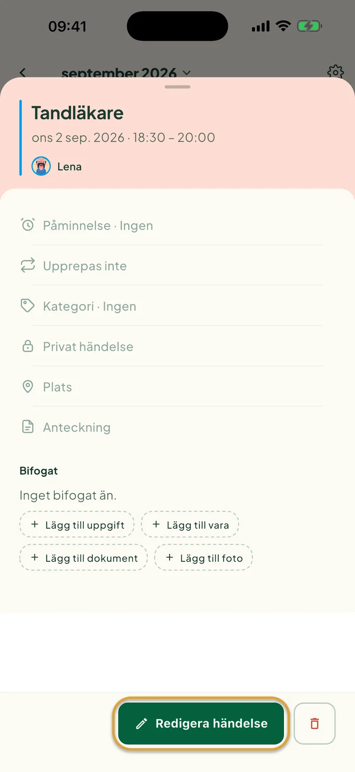 En händelse som öppnats från kalendern. Knappen Redigera händelse är inringad, med knappen för att ta bort bredvid.