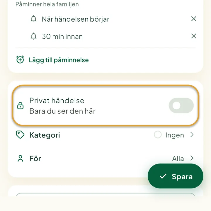 Händelseformuläret. Reglaget Privat händelse är inringat.