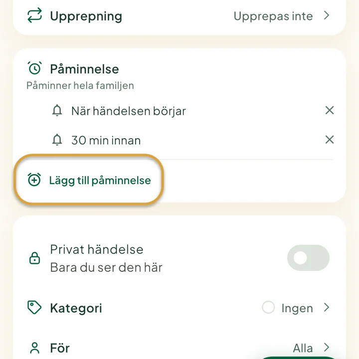 Avsnittet Påminnelse i händelseformuläret med två påminnelser. Knappen Lägg till påminnelse är inringad.