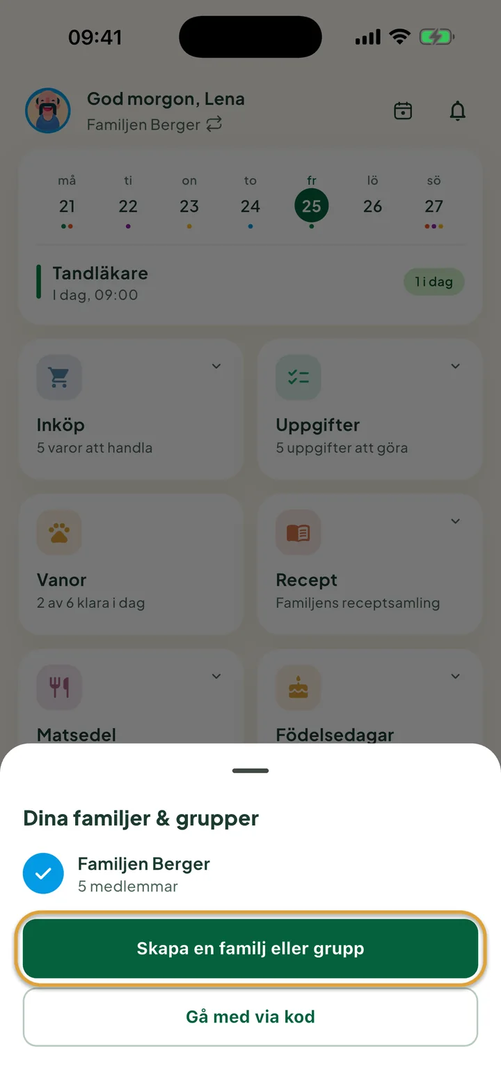 Rutan Dina familjer & grupper över startskärmen. Knappen Skapa en familj eller grupp är inringad.