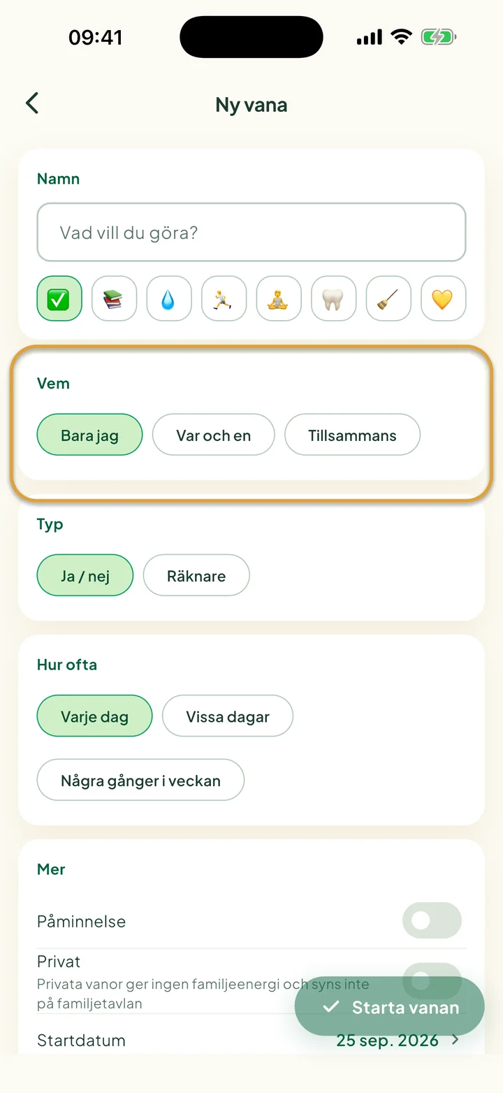 Formuläret för en ny vana. Valen under Vem, Bara jag, Var och en och Tillsammans, är inringade.