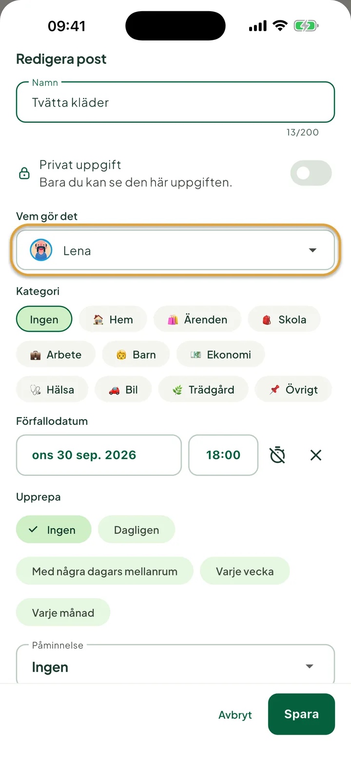 Rutan för att redigera en uppgift. Fältet Vem gör det, inställt på Lena, är inringat.