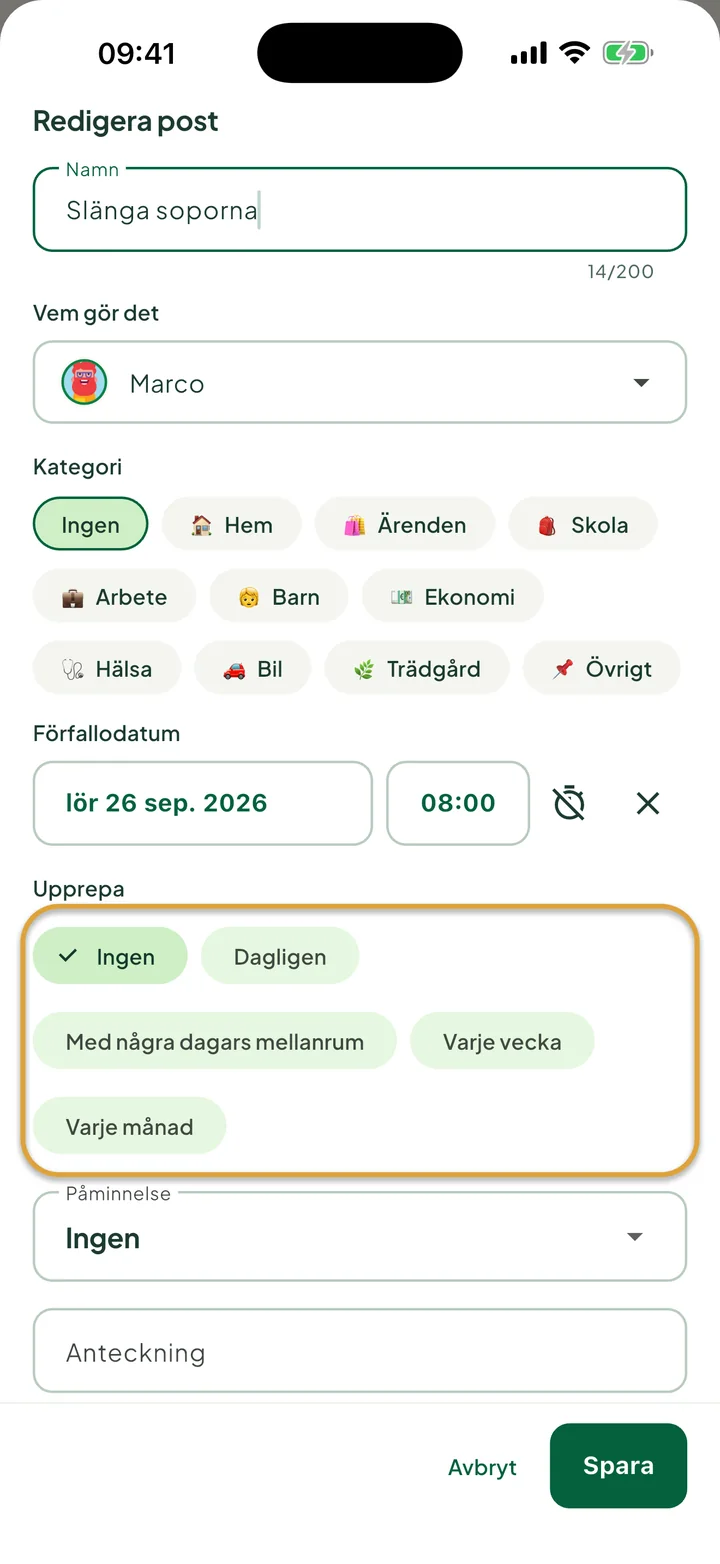 Rutan för att redigera en uppgift. Valen under Upprepa, Ingen, Dagligen, Med några dagars mellanrum, Varje vecka och Varje månad, är inringade.