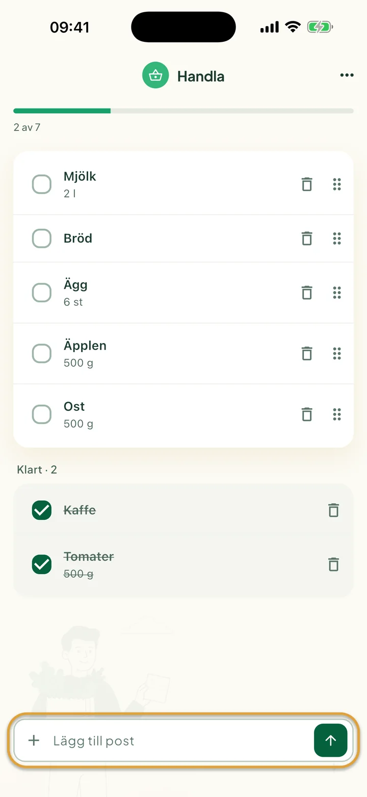 Listan Handla med öppna poster och två avbockade under Klart. Fältet Lägg till post längst ned är inringat.