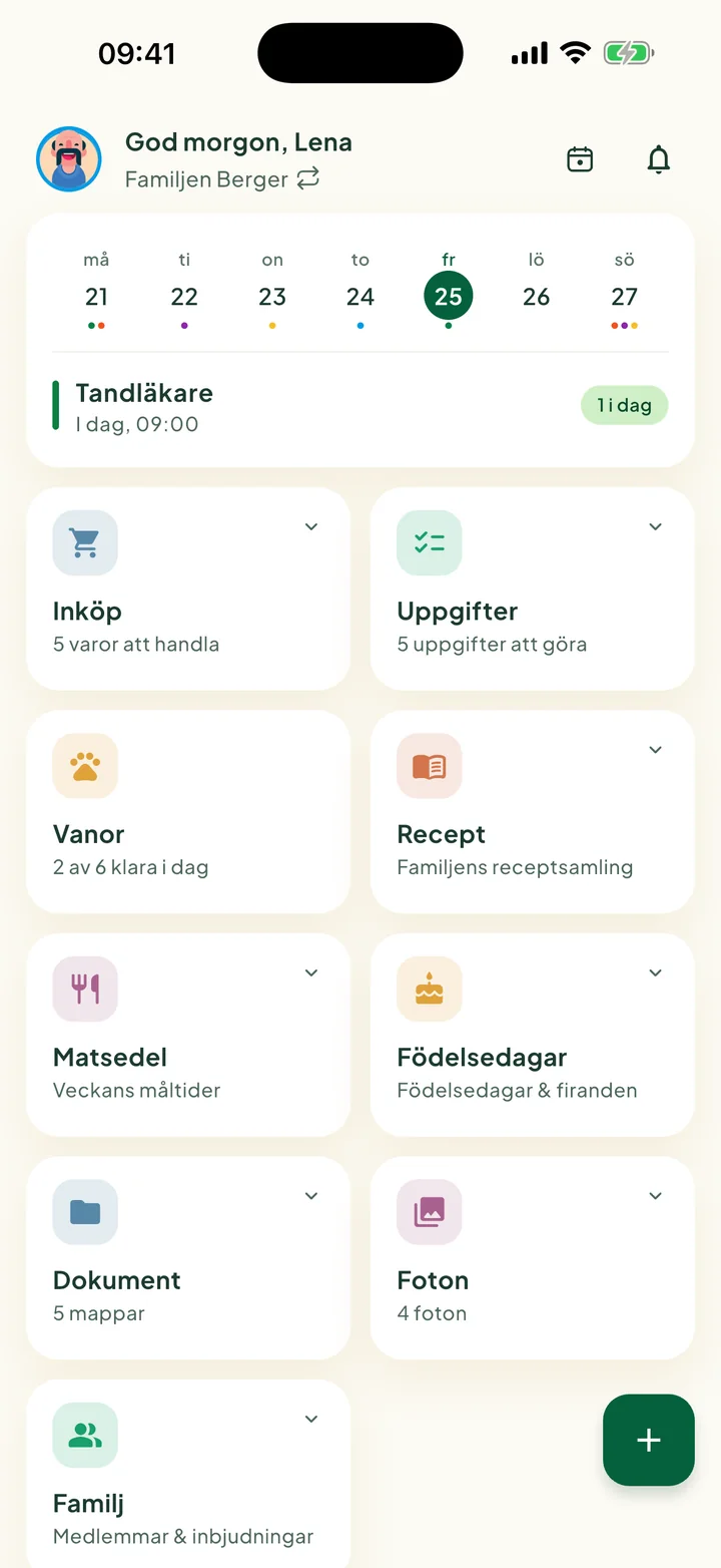 Startskärmen med veckokortet och rutorna