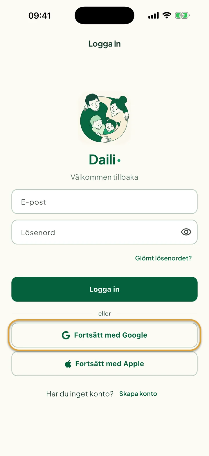 Inloggningsskärmen. Knappen Fortsätt med Google är inringad.