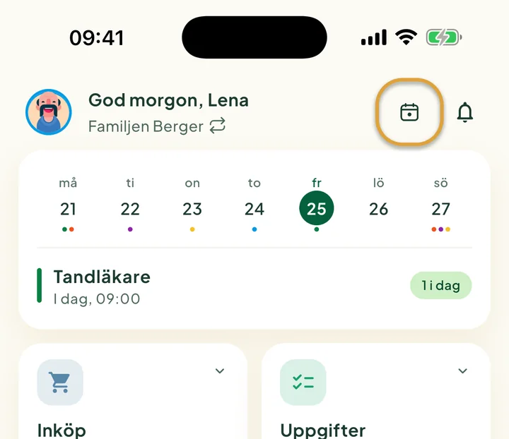 Den övre delen av startskärmen. Knappen I dag bredvid klockan är inringad.