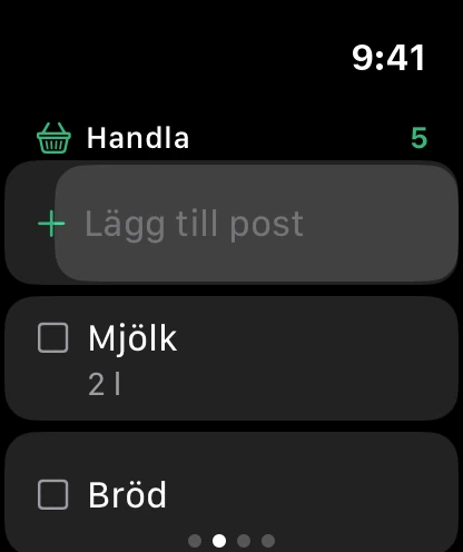 Inköpslistan på klockan, med Lägg till post högst upp.