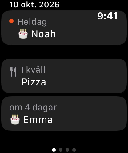 Närmast på klockan: en födelsedag i dag, middagen i kväll och en födelsedag om 4 dagar.