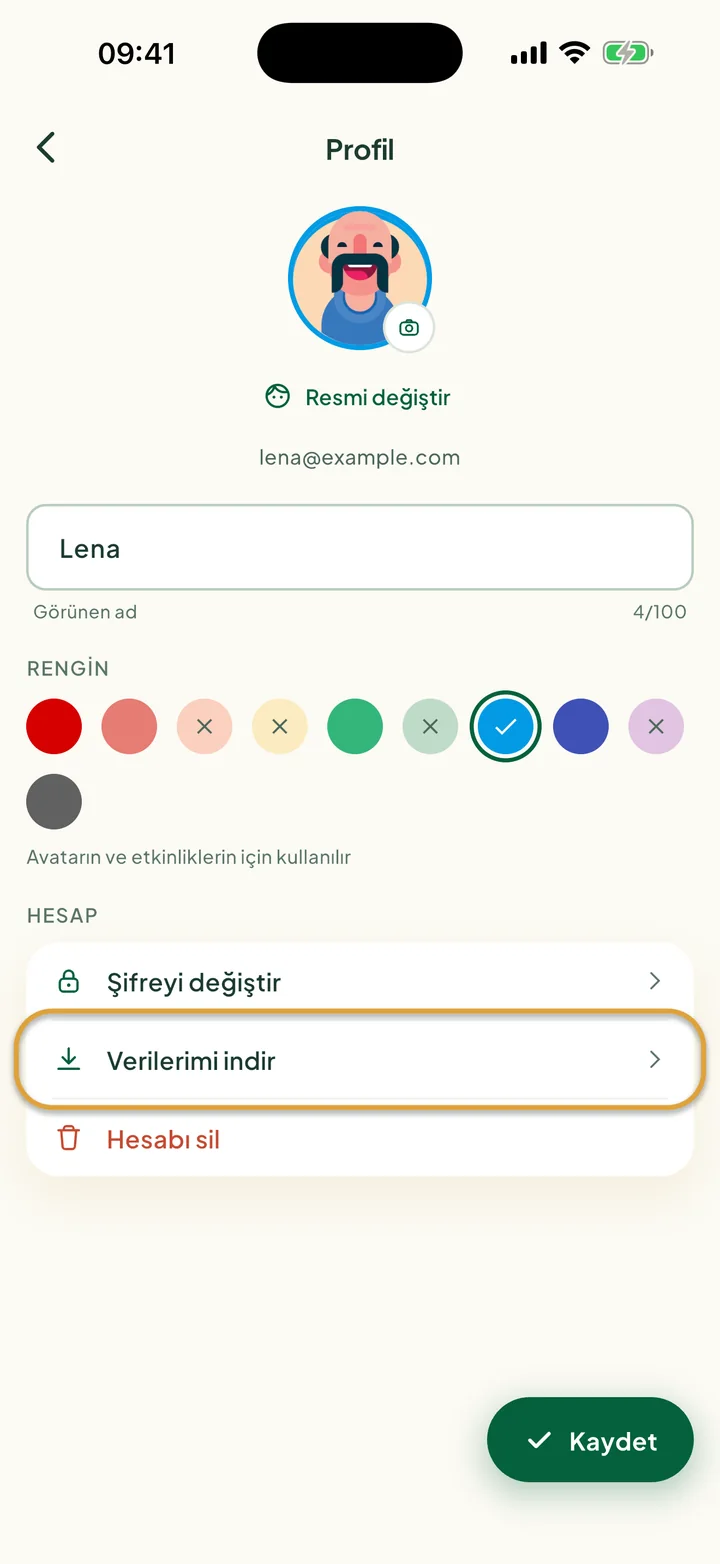 Profil ekranı. Hesap altındaki Verilerimi indir daire içine alınmış.