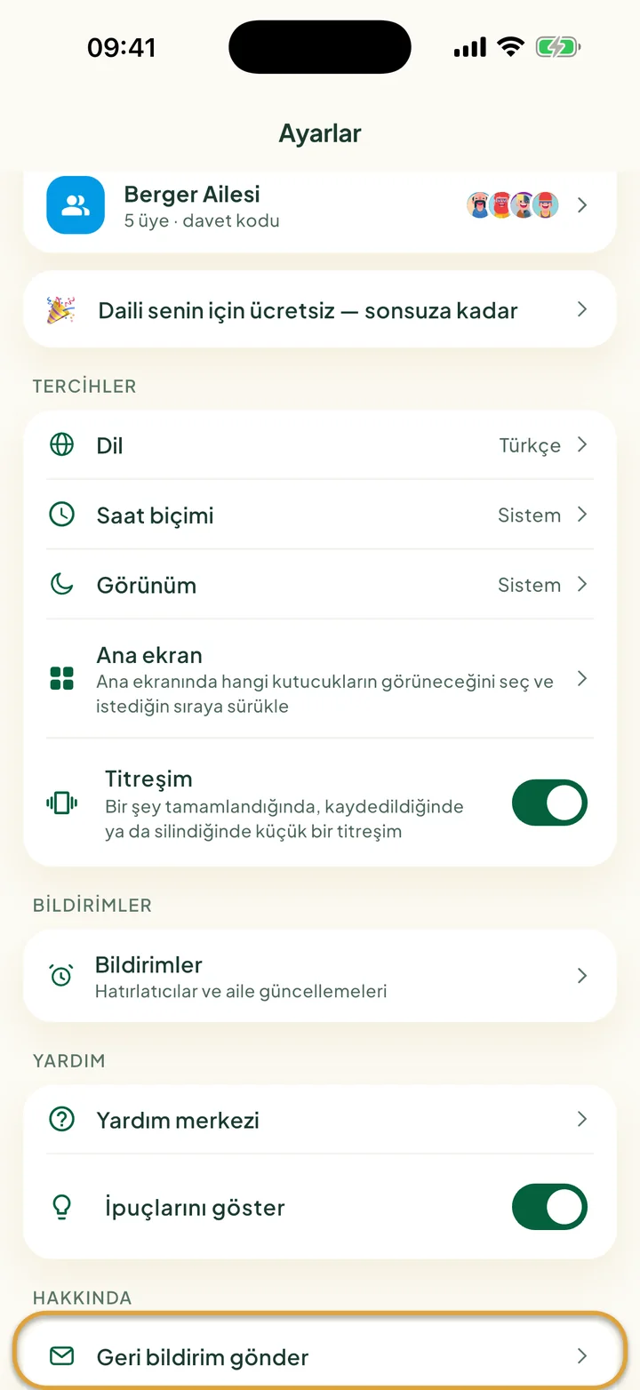 Ayarlar ekranı. Hakkında altındaki Geri bildirim gönder daire içine alınmış.