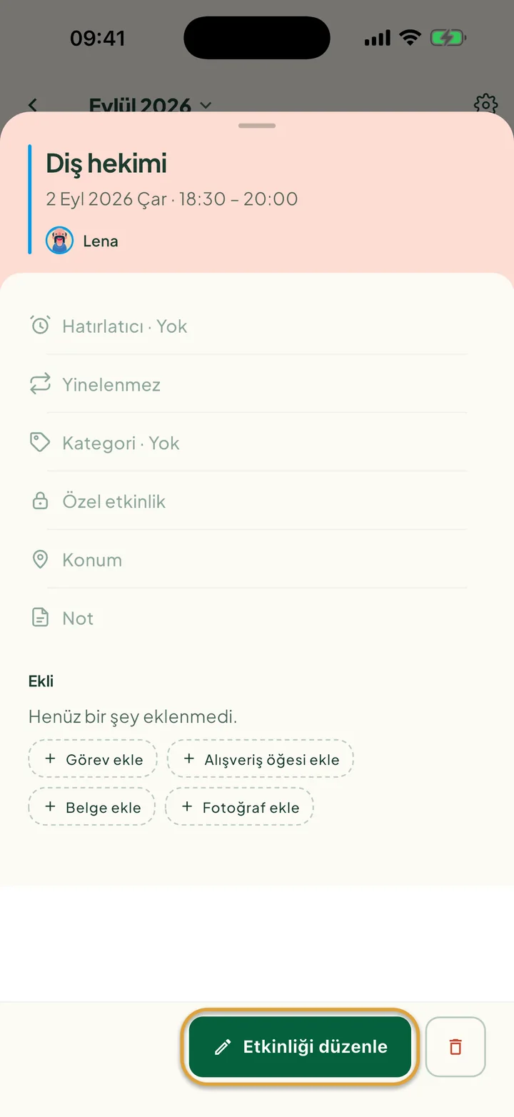 Takvimden açılmış bir etkinlik. Etkinliği düzenle düğmesi ve yanındaki silme düğmesi daire içine alınmış.
