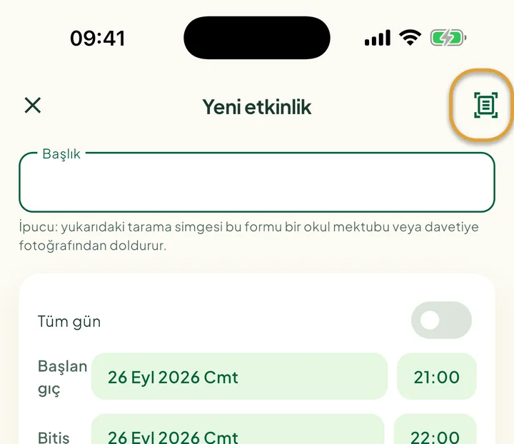 Yeni etkinlik ekranı. Sağ üstteki tarama simgesi daire içine alınmış.