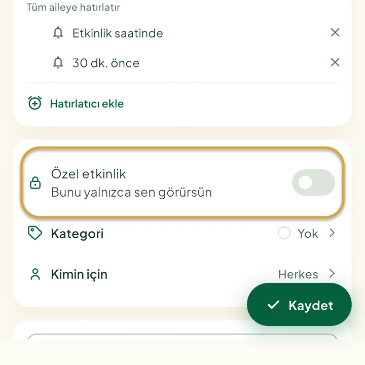 Etkinlik formu. Özel etkinlik anahtarı daire içine alınmış.