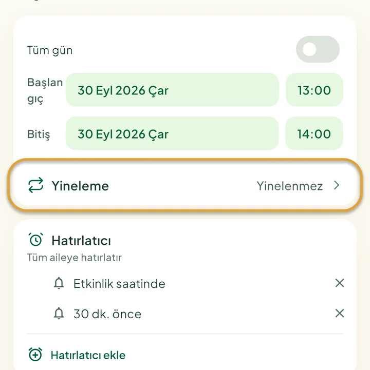 Yeni etkinlik formu. Yineleme satırı daire içine alınmış.
