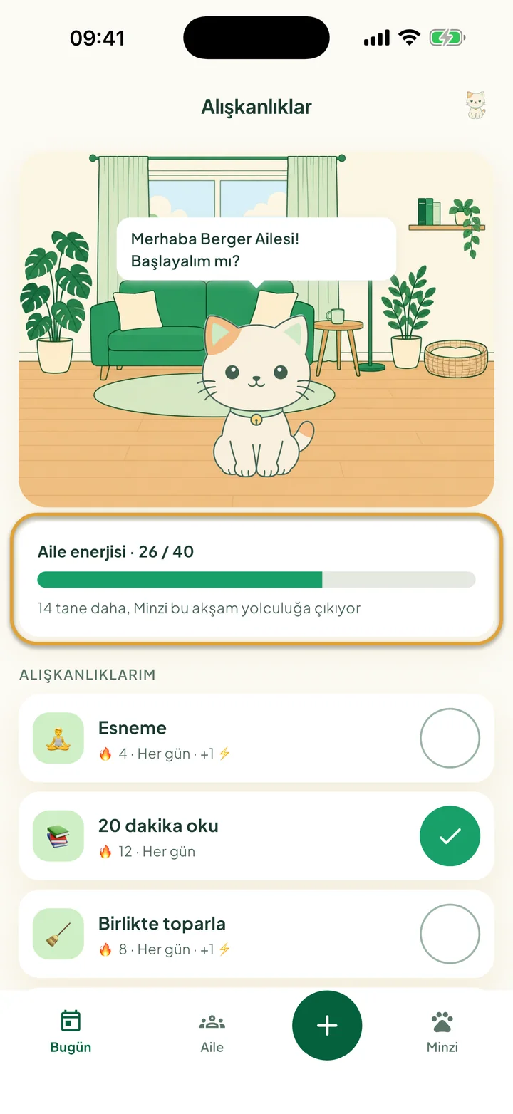 Minzi'nin odasındaki Alışkanlıklar ekranı. Aile enerjisi çubuğu daire içine alınmış.