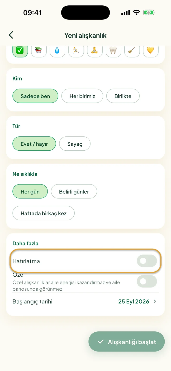 Yeni alışkanlık formunun Daha fazla bölümü. Hatırlatma anahtarı daire içine alınmış.