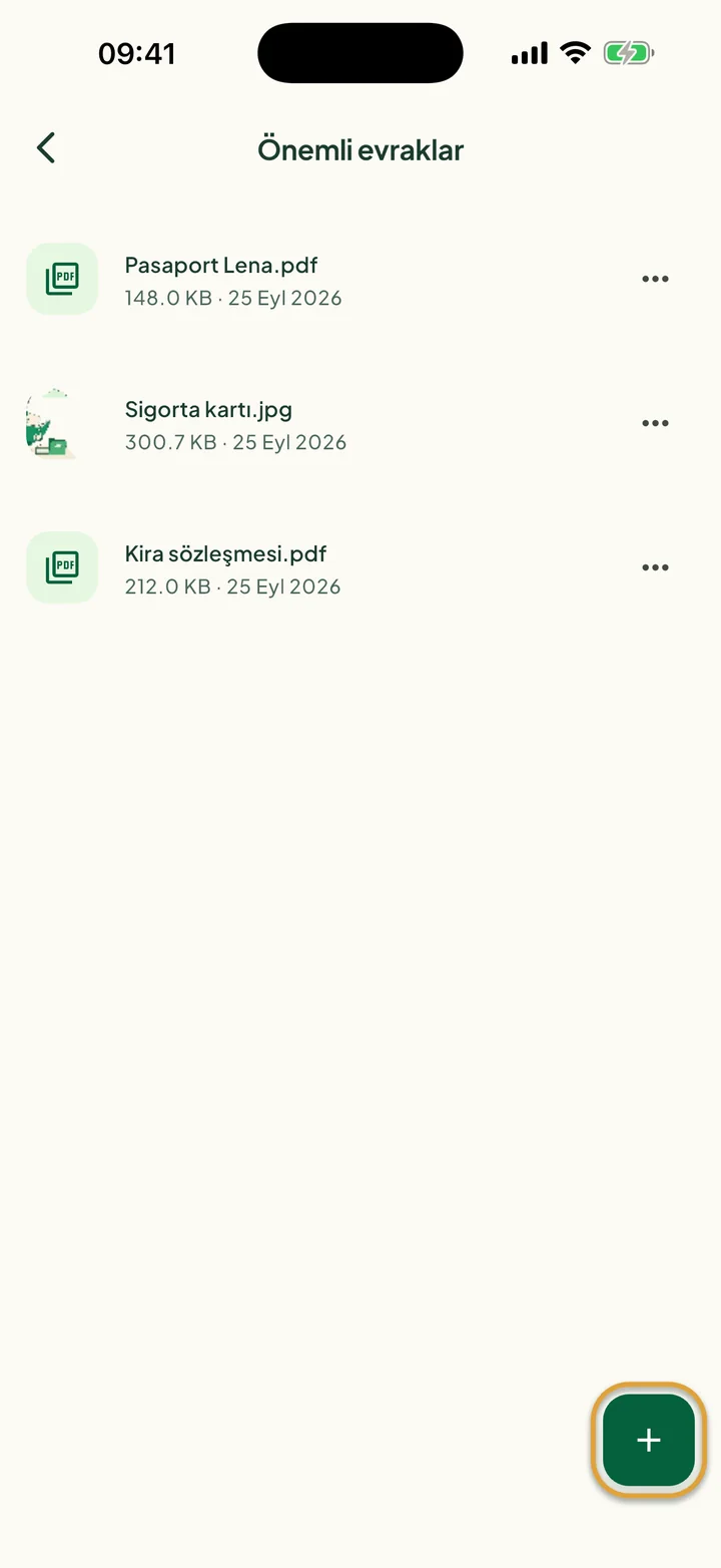 Üç dosyalı Önemli evraklar klasörü. Sağ alttaki + düğmesi daire içine alınmış.