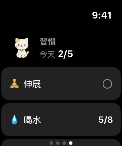手錶上的習慣頁面：Minzi、今天完成 5 個中的 2 個，以及最前面的幾個習慣。